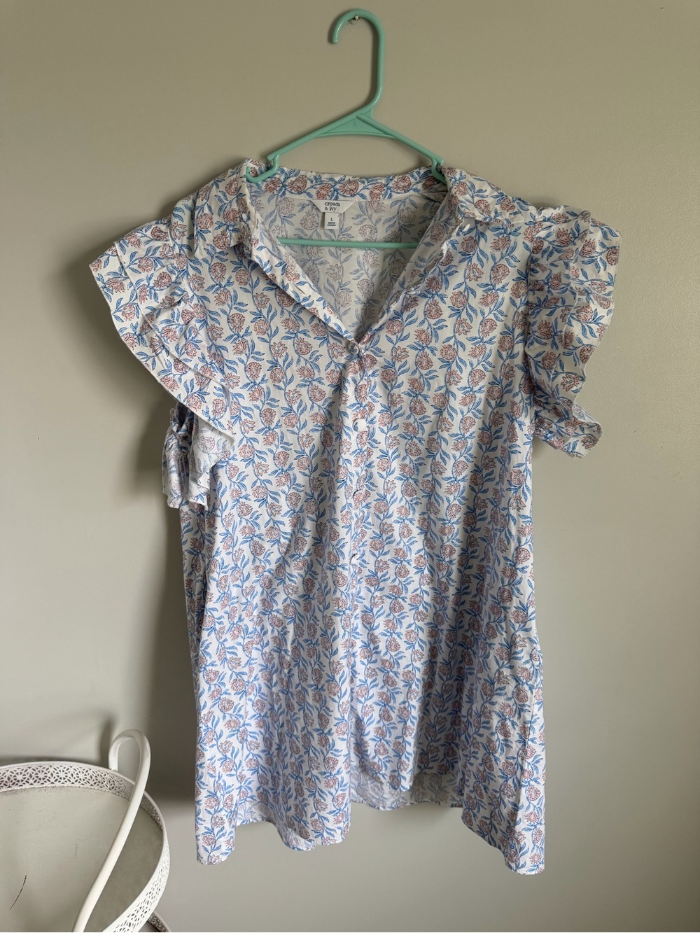 Women’s Printed Ruffle Sleeve Blouse - Blue & Pink